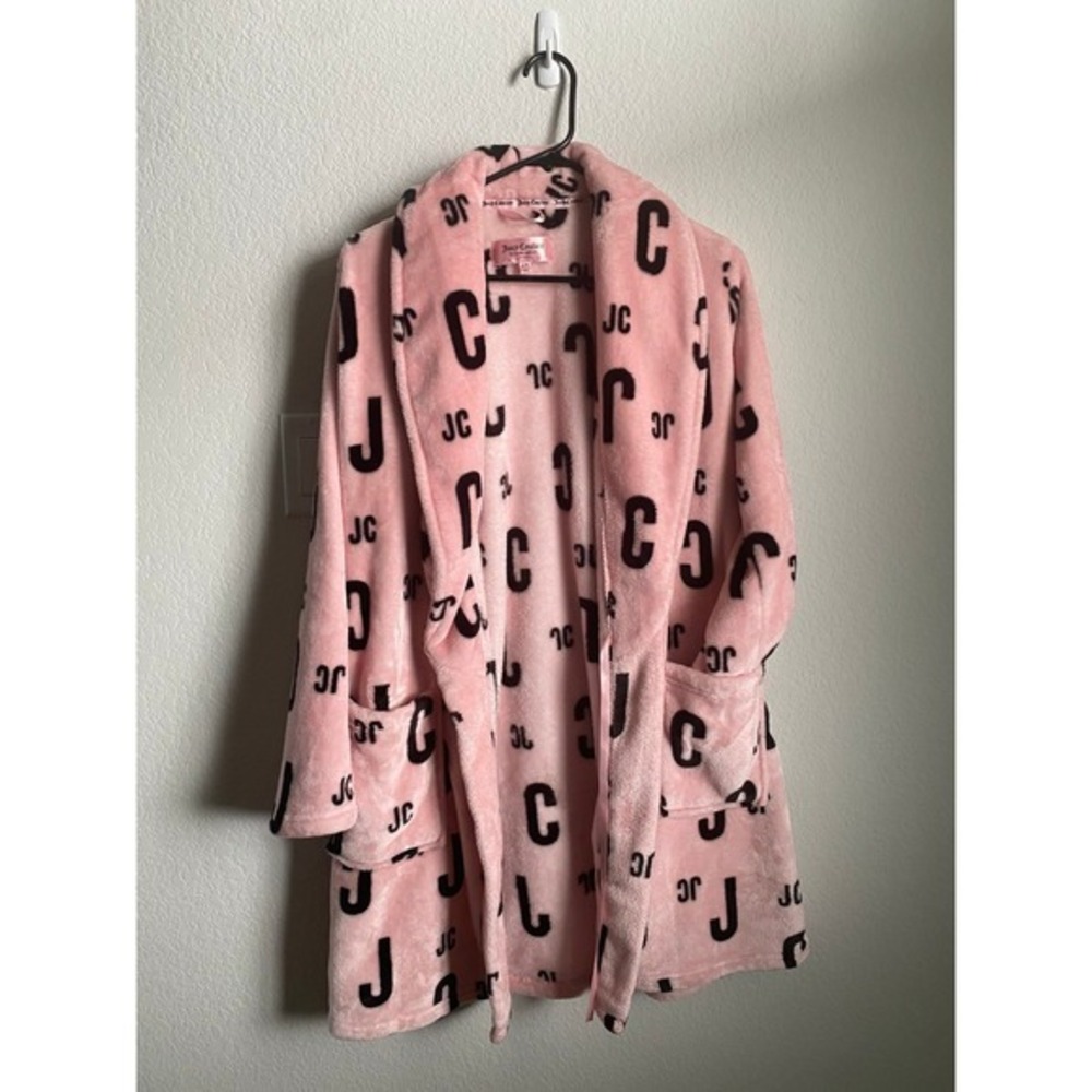 Juicy Couture Pink Black Monogram Plush Fleece Bathrobe S/M Y2K